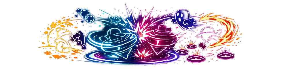 Neon spinning tops colliding in the BattleDeck arena amid impact bursts, mines and a ghost power effect